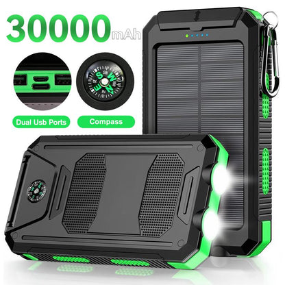 20000Mah Portable Solar Charger Power Bank with LED Flashlight - Dual USB-A Output, Waterproof Outdoor Design with Compass & Carabiner for Phone Android