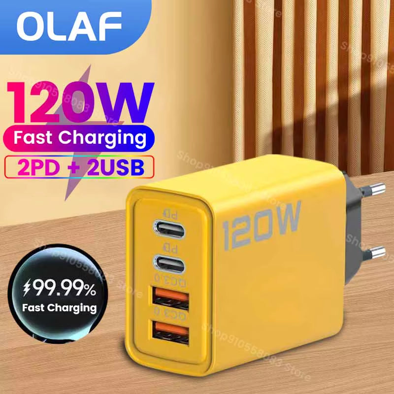 4 Ports 120W USB C PD Charger Quick Charge 3.0 Fast Charging Type C USB Phone Charger Adapter for Iphone 15 14 13 Samsung Xiaomi
