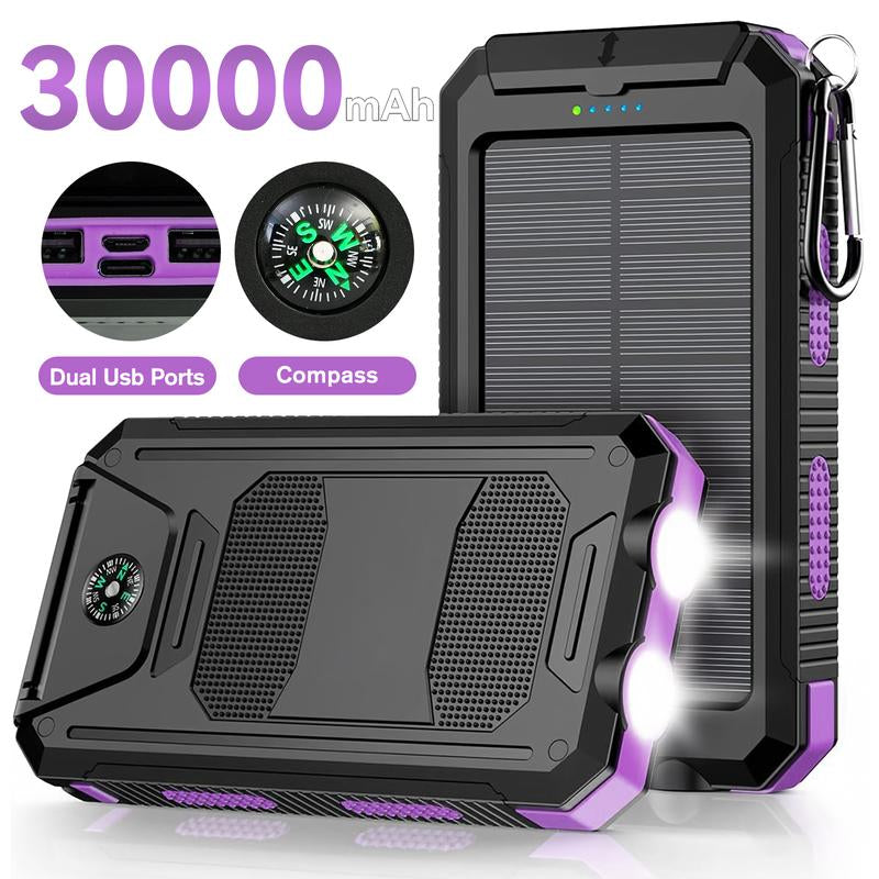 20000Mah Portable Solar Charger Power Bank with LED Flashlight - Dual USB-A Output, Waterproof Outdoor Design with Compass & Carabiner for Phone Android