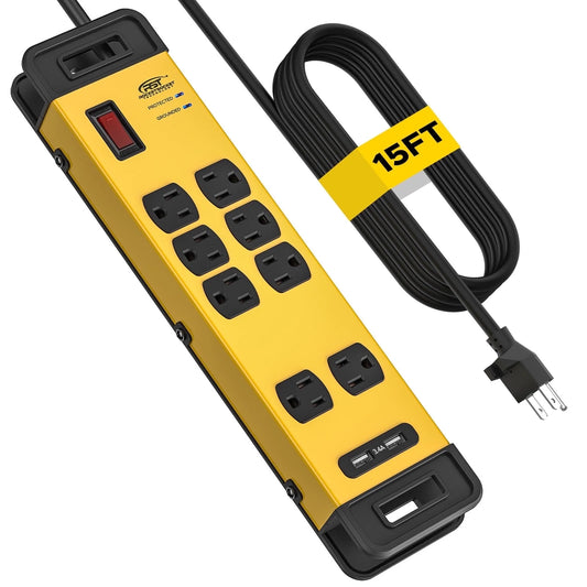 Surge Protector Power Strip with Dual USB Port 3.4A Metal Heavy Duty 8 Outlets 15FT Long Extension Cord 1960J with Management for Garage, Workshop, Industrial and Commercial, ETL Listed