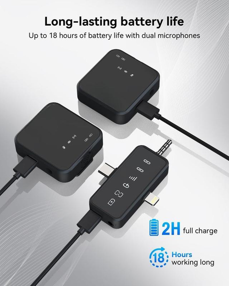 Wireless Lavalier Microphone with Noise Cancelling, 328Ft Transmission, 18H Battery Life, 3-In-1 Universal Receiver, Reverb/Mute Function Audio Compact Phone Accessories