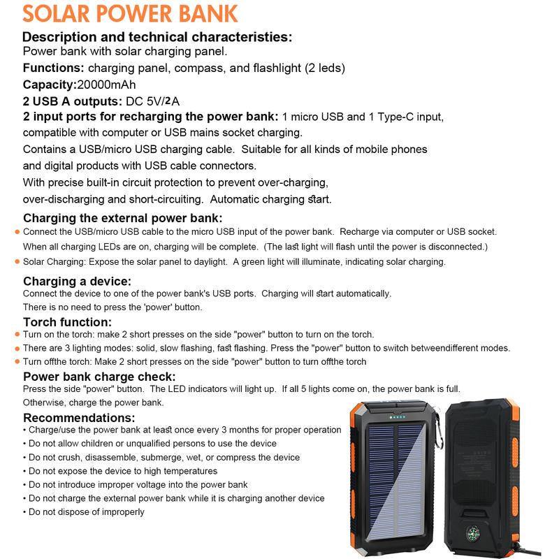 20000Mah Portable Solar Charger Power Bank with LED Flashlight - Dual USB-A Output, Waterproof Outdoor Design with Compass & Carabiner for Phone Android