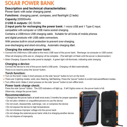 20000Mah Portable Solar Charger Power Bank with LED Flashlight - Dual USB-A Output, Waterproof Outdoor Design with Compass & Carabiner for Phone Android