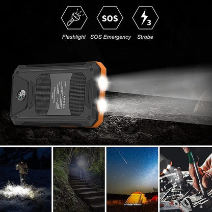 20000Mah Portable Solar Charger Power Bank with LED Flashlight - Dual USB-A Output, Waterproof Outdoor Design with Compass & Carabiner for Phone Android