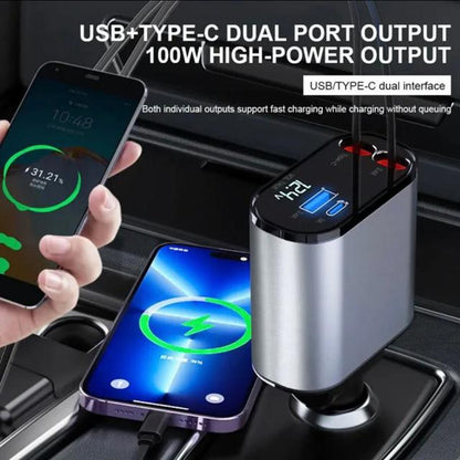 Retractable Car Charger, 4 in 1 Fast Car Phone Charger 66W, 2 Retractable Cables and USB Car Charger,Compatible with Iphone 15/14/13/12/11,Galaxy,Pixel