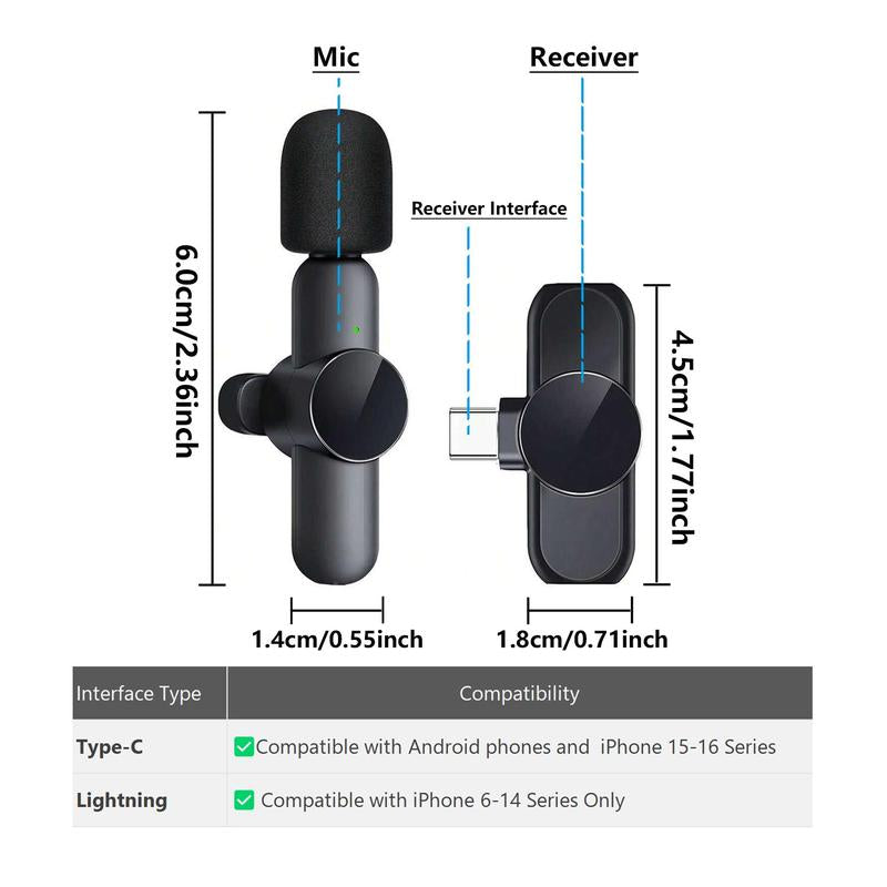 Portable Wireless Lavalier Microphone, 1 Set Professional Wireless Collar Clip Mic for Iphone & Android Phone, USB Streaming Mic Black Plug-Play Lapel Live Streaming Mic for Video Recording, Teaching, Interviews, Podcast, Audio