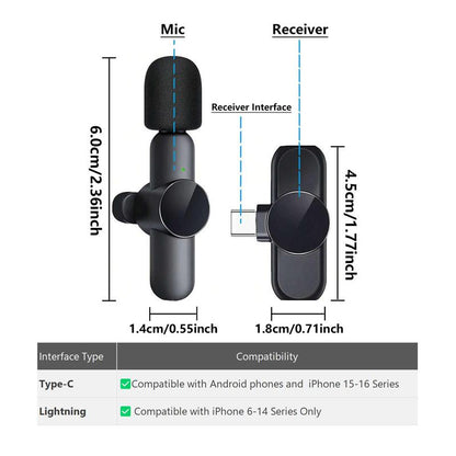 Portable Wireless Lavalier Microphone, 1 Set Professional Wireless Collar Clip Mic for Iphone & Android Phone, USB Streaming Mic Black Plug-Play Lapel Live Streaming Mic for Video Recording, Teaching, Interviews, Podcast, Audio