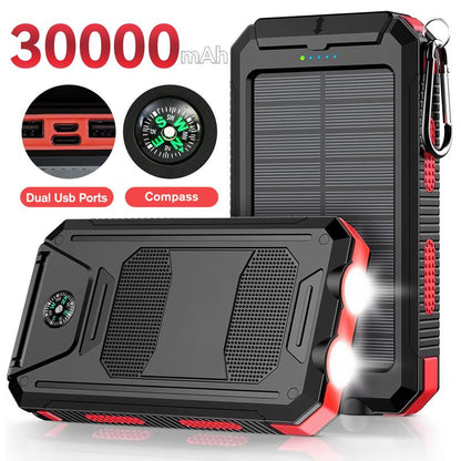 20000Mah Portable Solar Charger Power Bank with LED Flashlight - Dual USB-A Output, Waterproof Outdoor Design with Compass & Carabiner for Phone Android