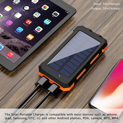 20000Mah Portable Solar Charger Power Bank with LED Flashlight - Dual USB-A Output, Waterproof Outdoor Design with Compass & Carabiner for Phone Android