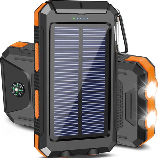 20000Mah Portable Solar Charger Power Bank with LED Flashlight - Dual USB-A Output, Waterproof Outdoor Design with Compass & Carabiner for Phone Android