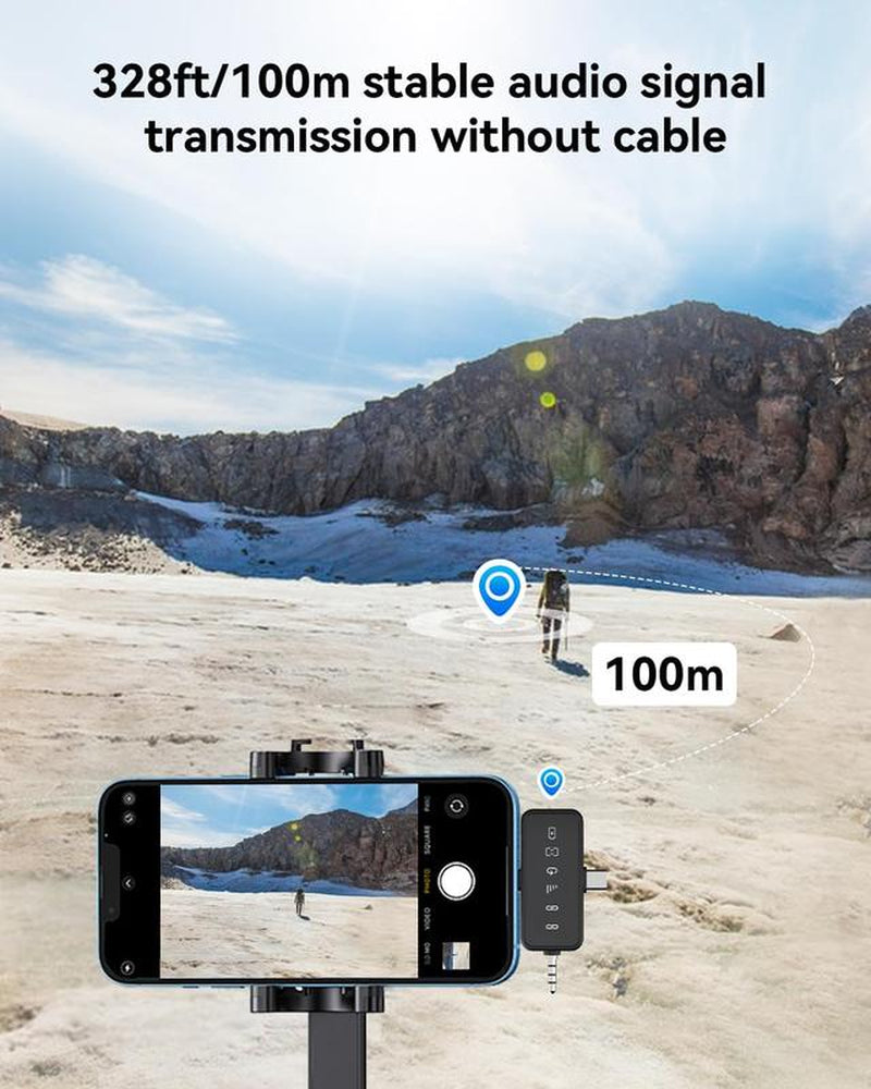 Wireless Lavalier Microphone with Noise Cancelling, 328Ft Transmission, 18H Battery Life, 3-In-1 Universal Receiver, Reverb/Mute Function Audio Compact Phone Accessories