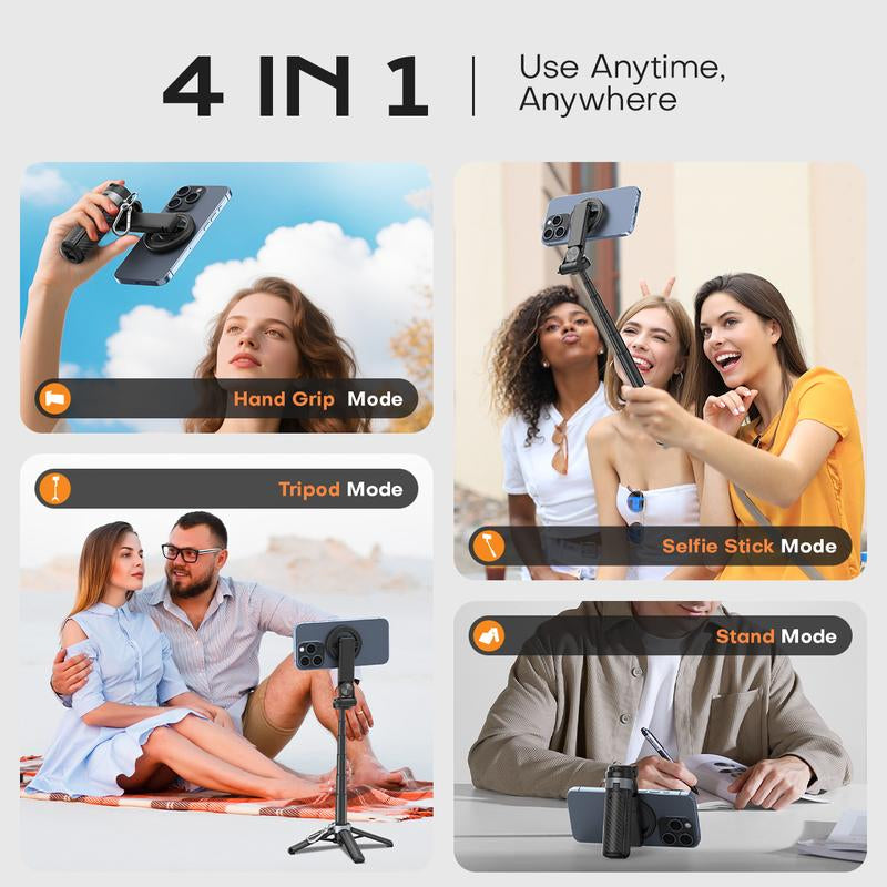 2025 New 4-In-1 Multifunctional Magnetic Mini Selfie Stick with 360° Rotation Compact Stylish Wireless Bluetooth Control Magnetic Phone Holder for Selfies Video Recording Vlogging Compatible with Most Phones - Stabilizer Camera,Maxinum Extend to 16 Inches