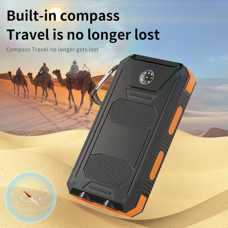 20000Mah Portable Solar Charger Power Bank with LED Flashlight - Dual USB-A Output, Waterproof Outdoor Design with Compass & Carabiner for Phone Android