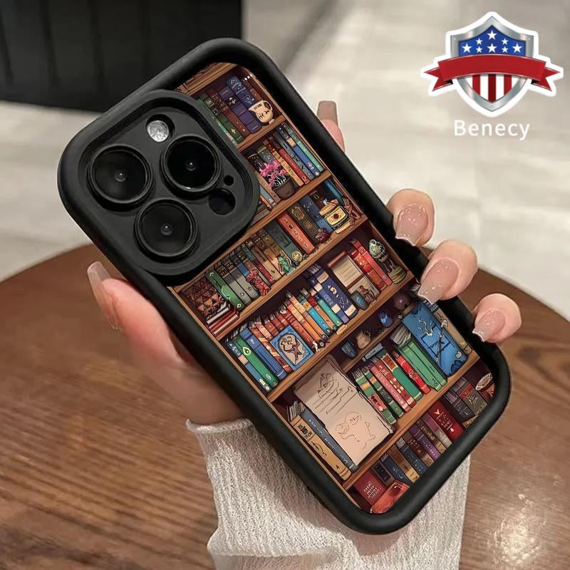 Cartoon Bookshelf Pattern TPU Phone Case for Iphone 17 Pro Max 16 15 14 plus 13 12 11 Air XR X XS plus Shockproof Non Slip Military-Grade Protective Silicone Cover