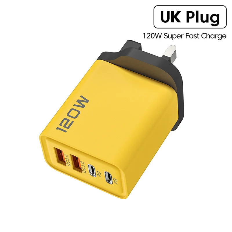 4 Ports 120W USB C PD Charger Quick Charge 3.0 Fast Charging Type C USB Phone Charger Adapter for Iphone 15 14 13 Samsung Xiaomi