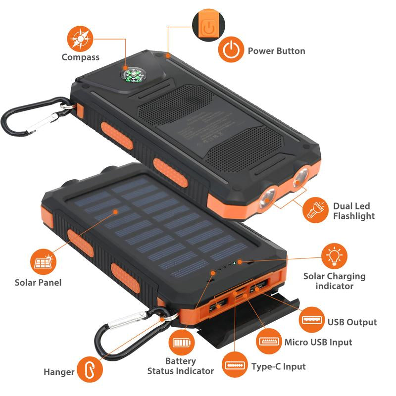 20000Mah Portable Solar Charger Power Bank with LED Flashlight - Dual USB-A Output, Waterproof Outdoor Design with Compass & Carabiner for Phone Android
