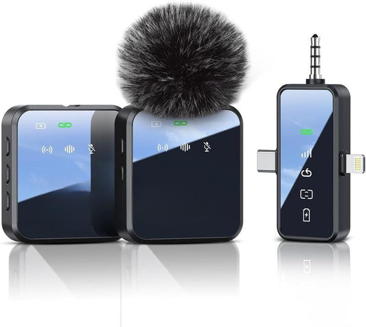 Wireless Lavalier Microphone with Noise Cancelling, 328Ft Transmission, 18H Battery Life, 3-In-1 Universal Receiver, Reverb/Mute Function Audio Compact Phone Accessories