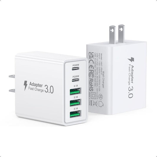 USB C Wall Charger Block, 2Pack 50W 5-Port C Charger Fast Charging Block PD Power Adapter +QC 3.0 Multiport Type C Box Brick Cube USB a Wall Plug for Iphone 15/14/13/12/11 Pro Max, Ipad,Samsung Galaxy Smartphone
