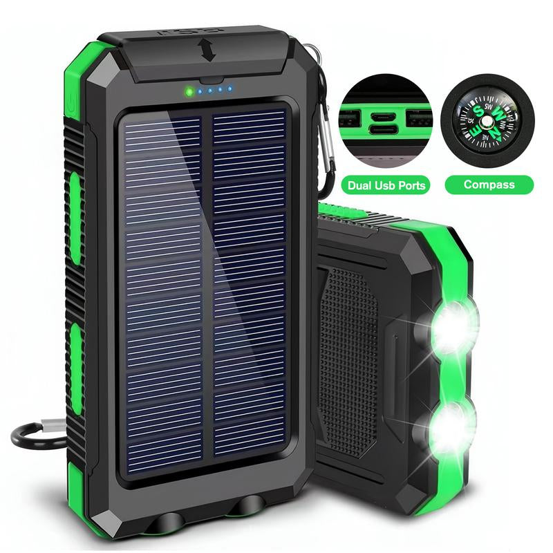 20000Mah Portable Solar Charger Power Bank with LED Flashlight - Dual USB-A Output, Waterproof Outdoor Design with Compass & Carabiner for Phone Android