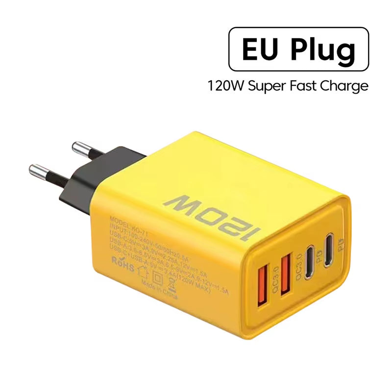 4 Ports 120W USB C PD Charger Quick Charge 3.0 Fast Charging Type C USB Phone Charger Adapter for Iphone 15 14 13 Samsung Xiaomi