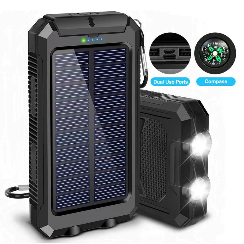 20000Mah Portable Solar Charger Power Bank with LED Flashlight - Dual USB-A Output, Waterproof Outdoor Design with Compass & Carabiner for Phone Android