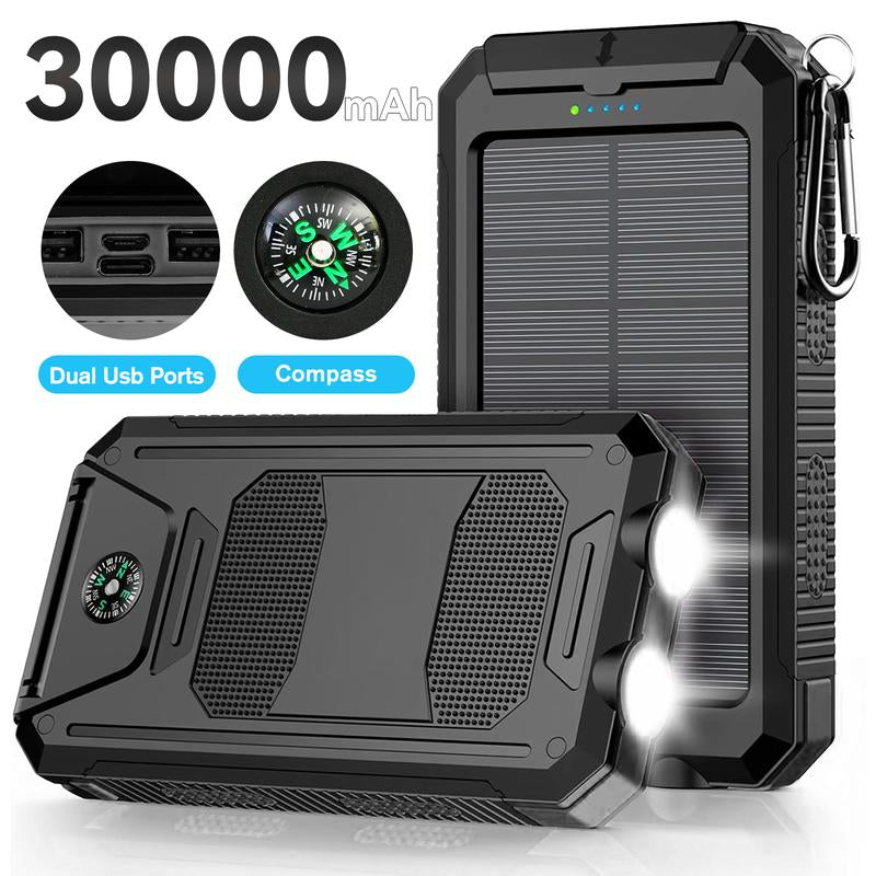 20000Mah Portable Solar Charger Power Bank with LED Flashlight - Dual USB-A Output, Waterproof Outdoor Design with Compass & Carabiner for Phone Android