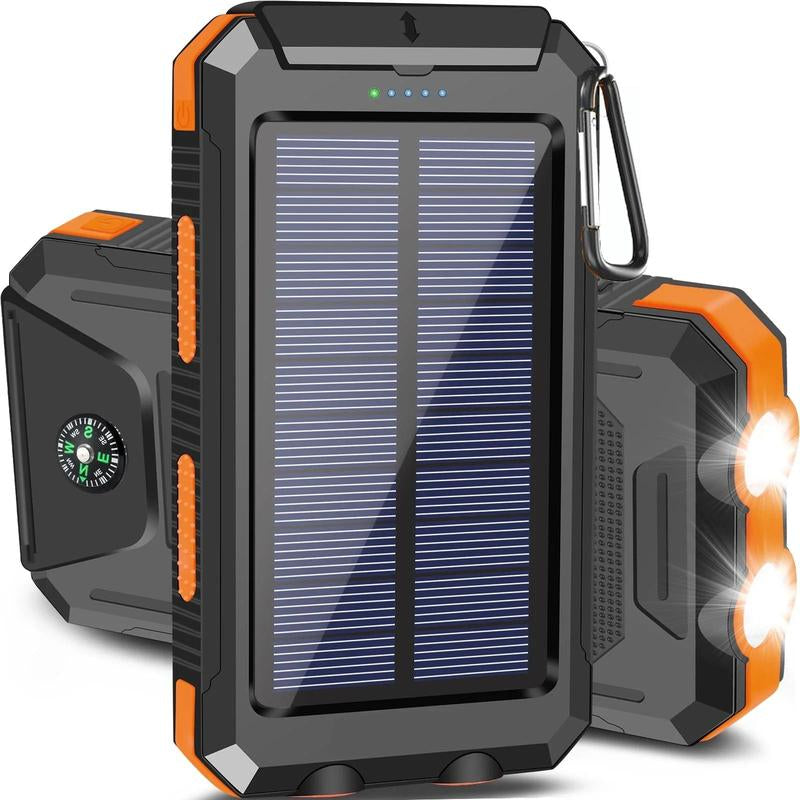 20000Mah Portable Solar Charger Power Bank with LED Flashlight - Dual USB-A Output, Waterproof Outdoor Design with Compass & Carabiner for Phone Android