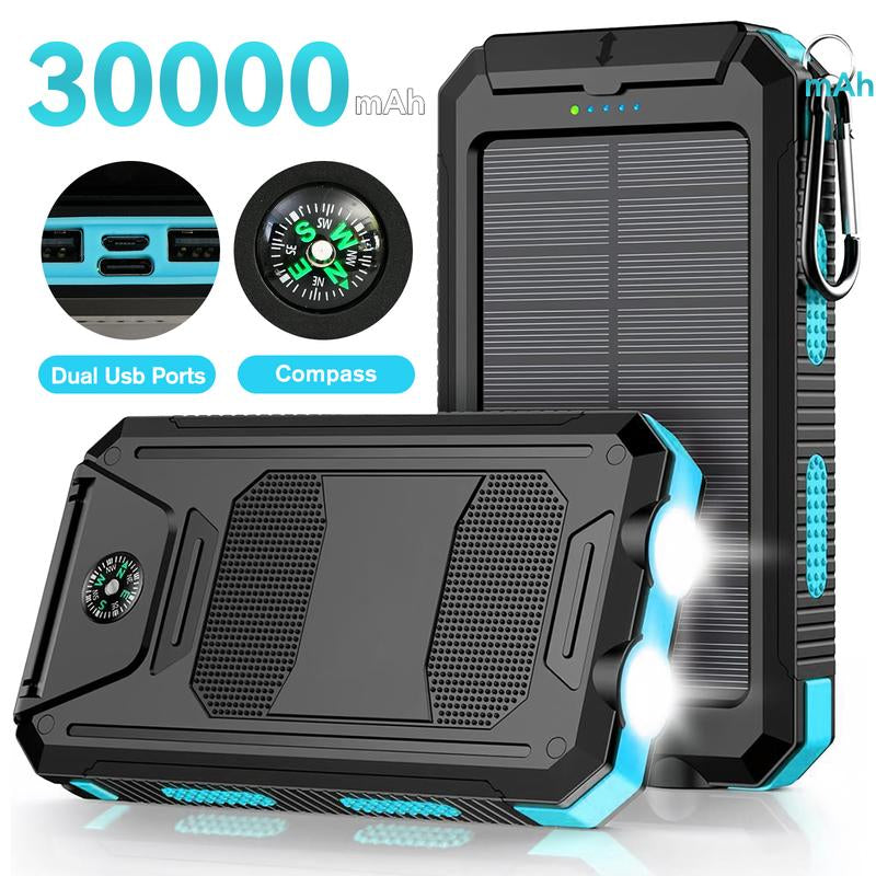 20000Mah Portable Solar Charger Power Bank with LED Flashlight - Dual USB-A Output, Waterproof Outdoor Design with Compass & Carabiner for Phone Android