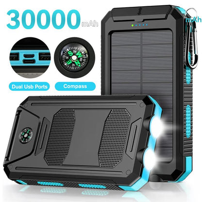 20000Mah Portable Solar Charger Power Bank with LED Flashlight - Dual USB-A Output, Waterproof Outdoor Design with Compass & Carabiner for Phone Android