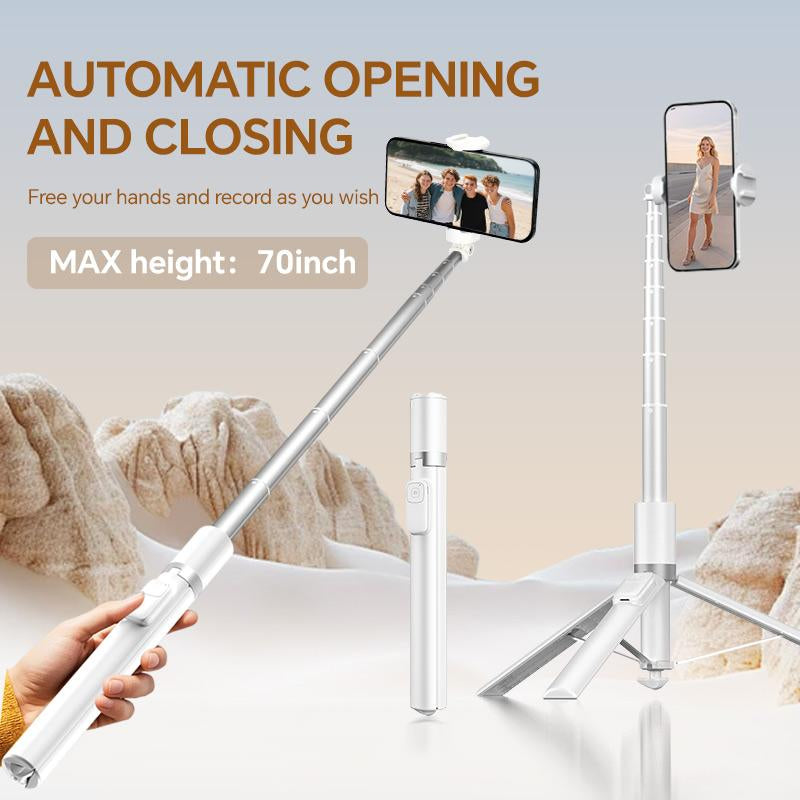The New Technology Features a Fully Automatic Tripod with an Intelligent Throwing Rod, a 70 Inch Portable Extendable Mobile Selfie Stick, a Hidden Integrated Selfie Stick, and a Wireless Remote Control. 360 ° Rotatable, Suitable for Smartphones