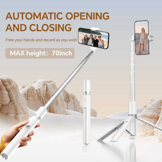 The New Technology Features a Fully Automatic Tripod with an Intelligent Throwing Rod, a 70 Inch Portable Extendable Mobile Selfie Stick, a Hidden Integrated Selfie Stick, and a Wireless Remote Control. 360 ° Rotatable, Suitable for Smartphones