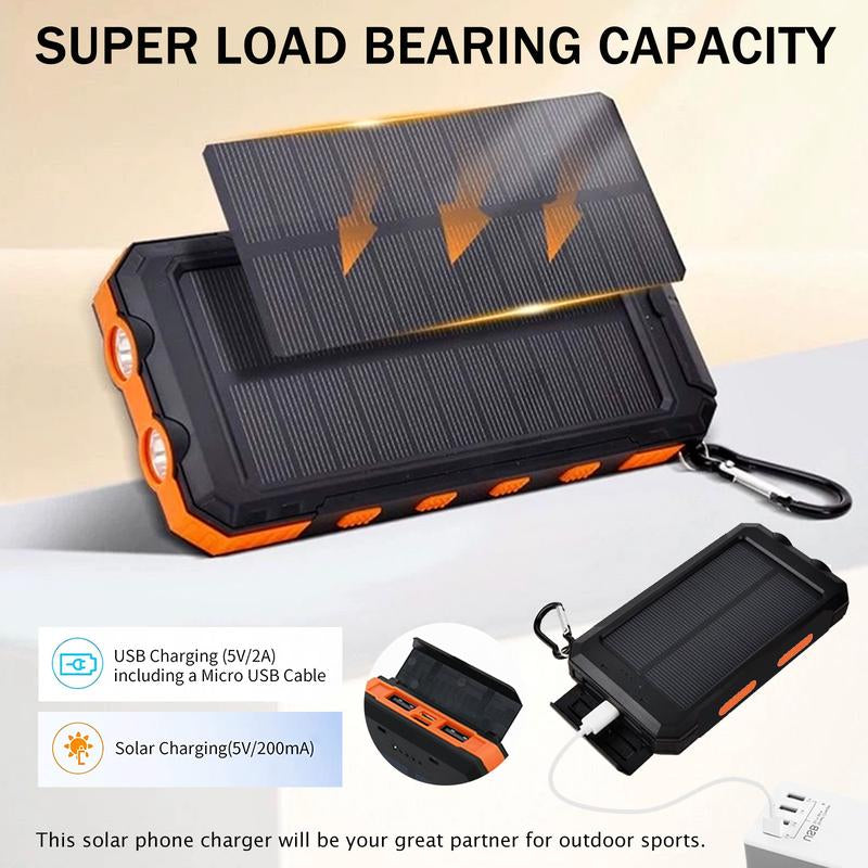 20000Mah Portable Solar Charger Power Bank with LED Flashlight - Dual USB-A Output, Waterproof Outdoor Design with Compass & Carabiner for Phone Android
