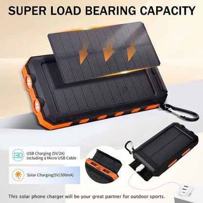 20000Mah Portable Solar Charger Power Bank with LED Flashlight - Dual USB-A Output, Waterproof Outdoor Design with Compass & Carabiner for Phone Android