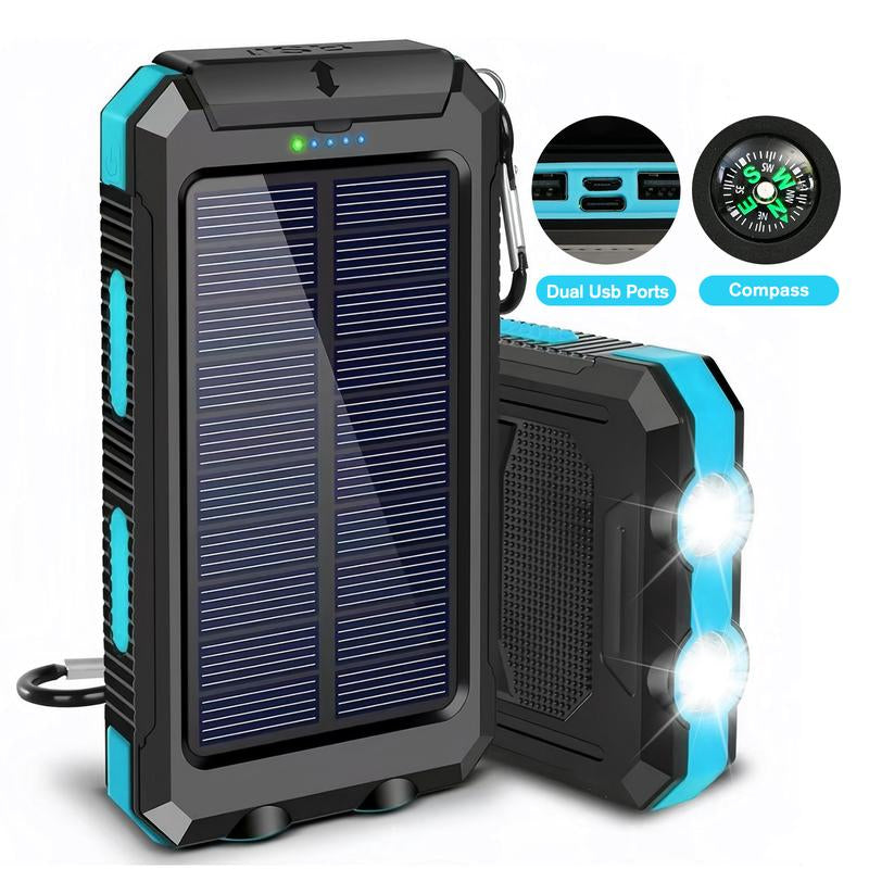 20000Mah Portable Solar Charger Power Bank with LED Flashlight - Dual USB-A Output, Waterproof Outdoor Design with Compass & Carabiner for Phone Android