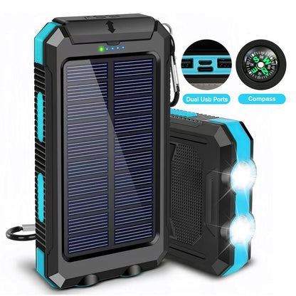 20000Mah Portable Solar Charger Power Bank with LED Flashlight - Dual USB-A Output, Waterproof Outdoor Design with Compass & Carabiner for Phone Android