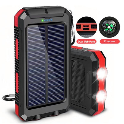 20000Mah Portable Solar Charger Power Bank with LED Flashlight - Dual USB-A Output, Waterproof Outdoor Design with Compass & Carabiner for Phone Android
