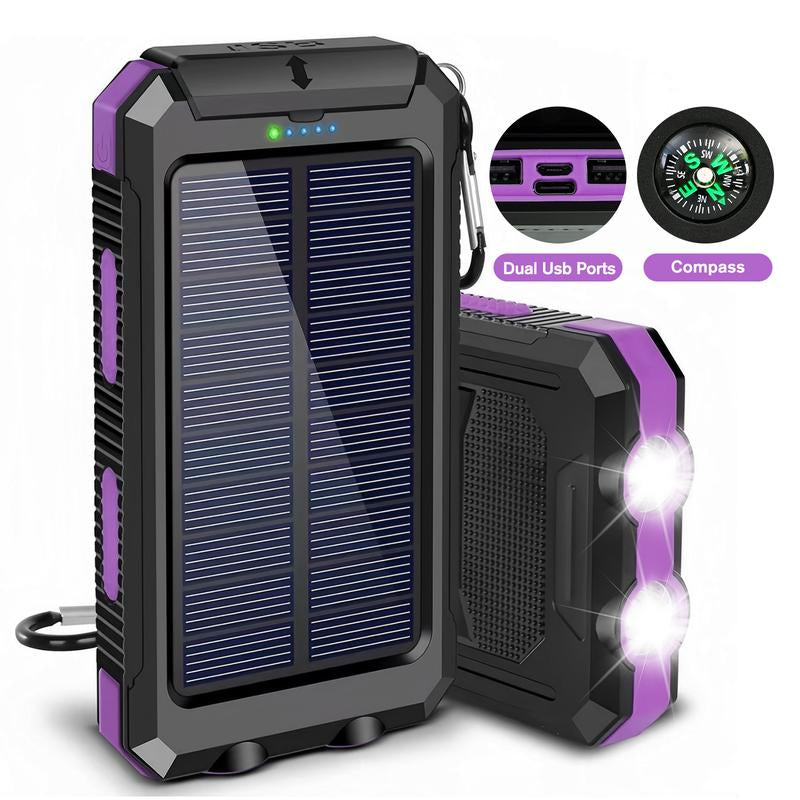 20000Mah Portable Solar Charger Power Bank with LED Flashlight - Dual USB-A Output, Waterproof Outdoor Design with Compass & Carabiner for Phone Android