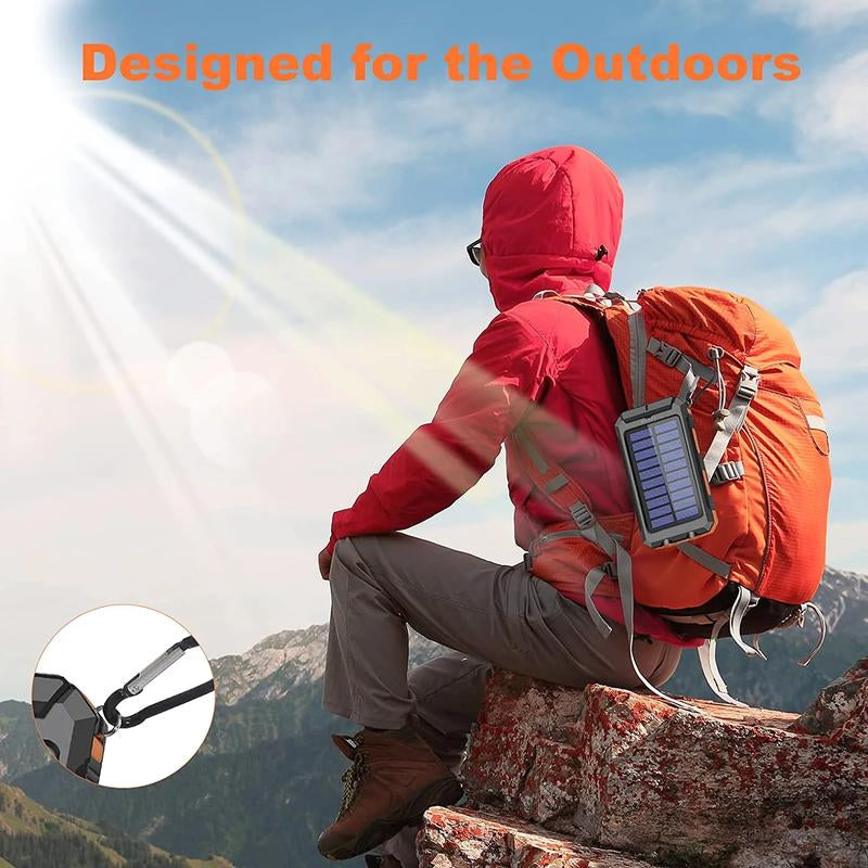 20000Mah Portable Solar Charger Power Bank with LED Flashlight - Dual USB-A Output, Waterproof Outdoor Design with Compass & Carabiner for Phone Android