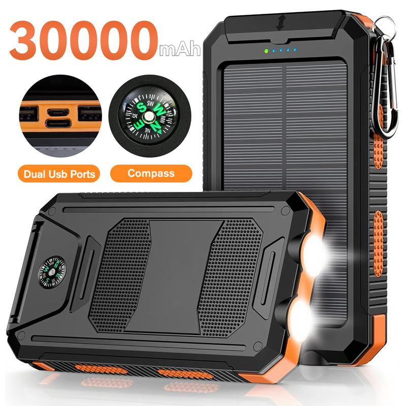 20000Mah Portable Solar Charger Power Bank with LED Flashlight - Dual USB-A Output, Waterproof Outdoor Design with Compass & Carabiner for Phone Android